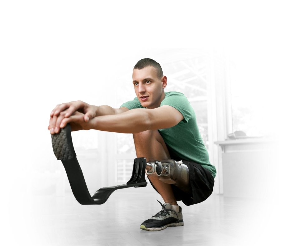 A man using an orthotic device while stretching